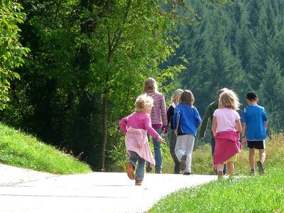 Bild vergrößern: Ein Gruppe Kinder läuft einem Weg, in Richtung Wald. Der weg führt entlang Wiesen.